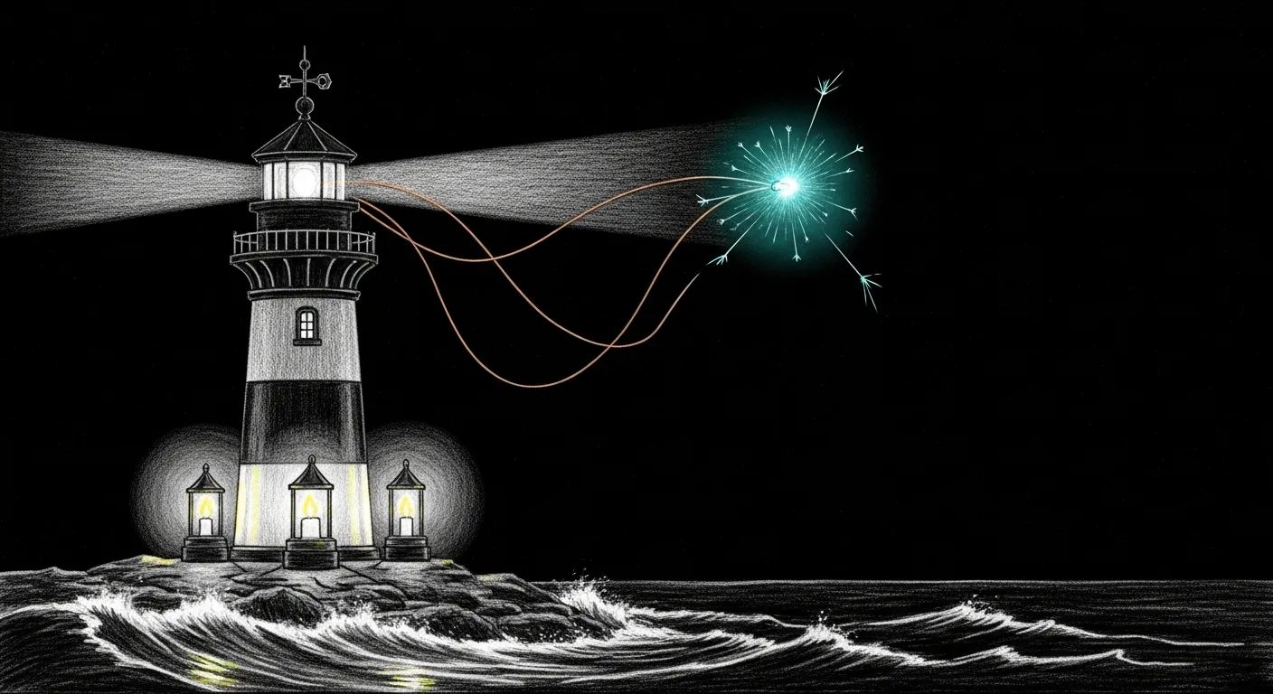 Signal troubleshooting — a coastal lighthouse with three lanterns at its base, each wired up to a single weathervane; only one wire is conducting a glowing teal spark, the other two hang slack waiting their turn.
