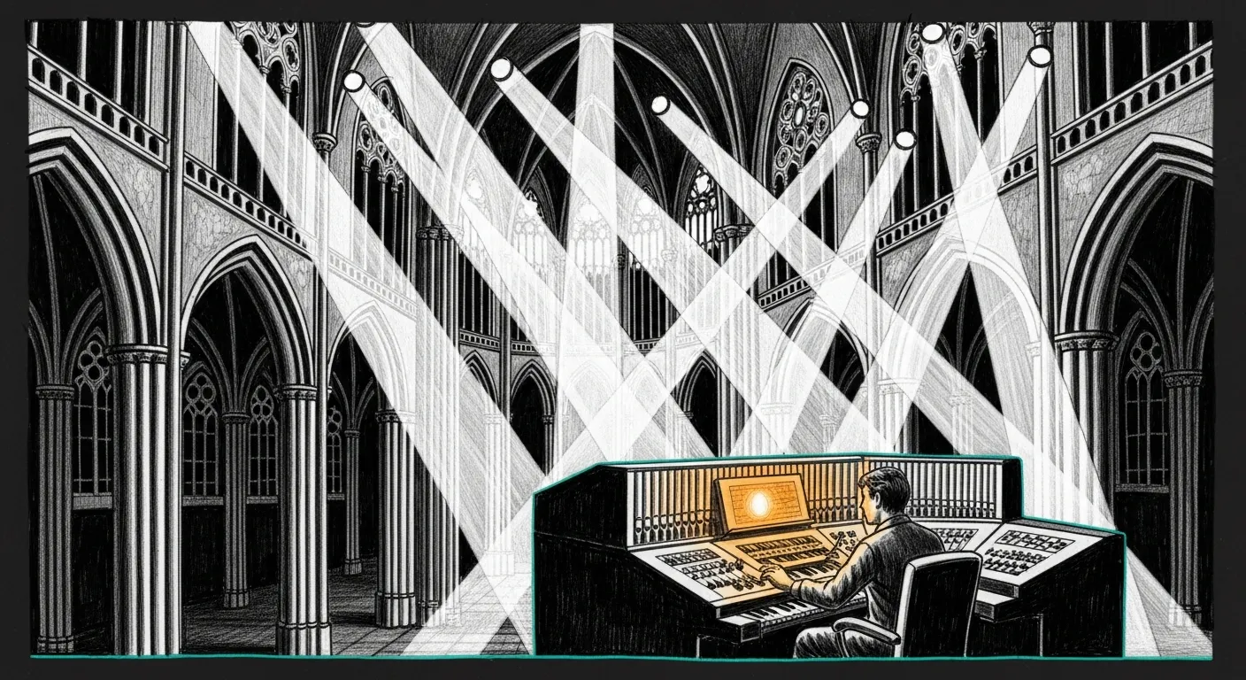 Smart Router Cathedral — a holographic five-tier Jedi cathedral rising from a dark command floor, each tier a glowing ring of circuitry labeled by function, a central pillar of teal light connecting them.