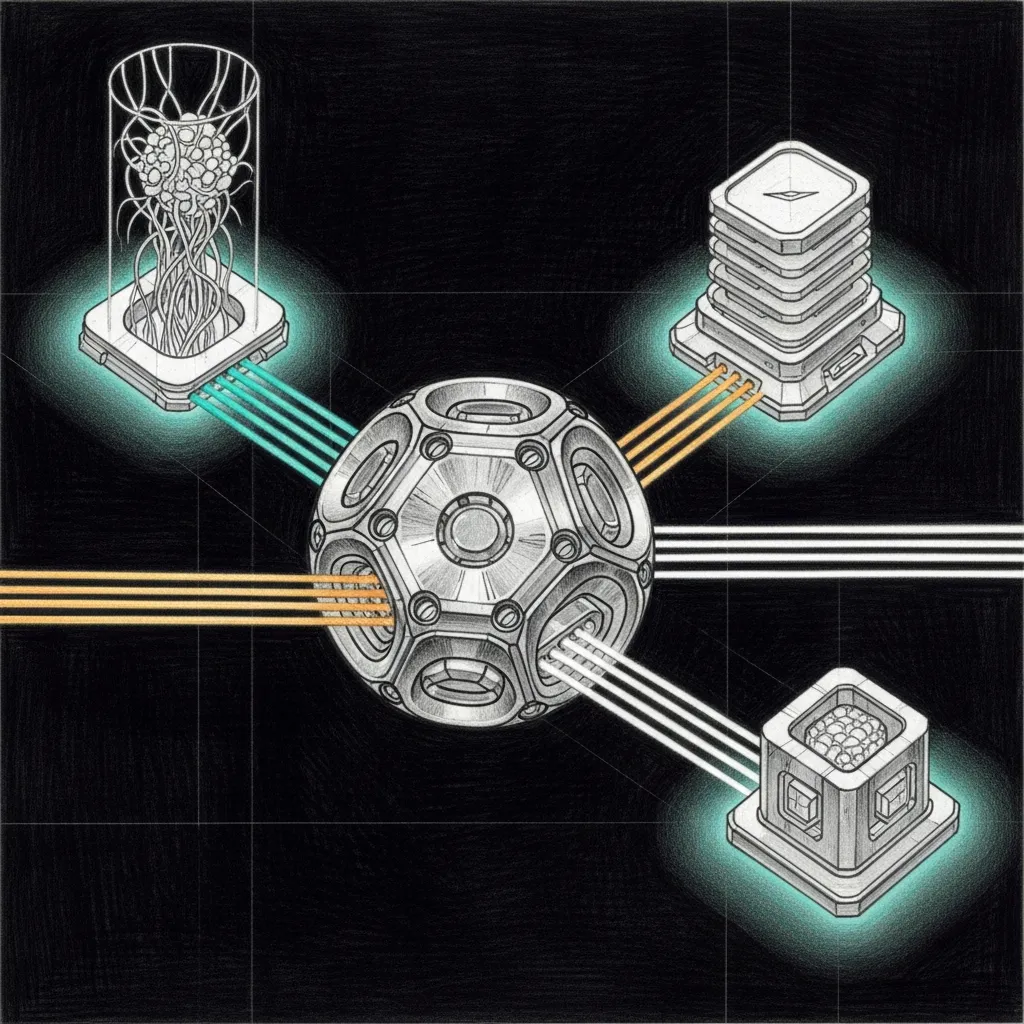 The Smart Router — three neural pathways branching from a central node, each leading to a different brain.
