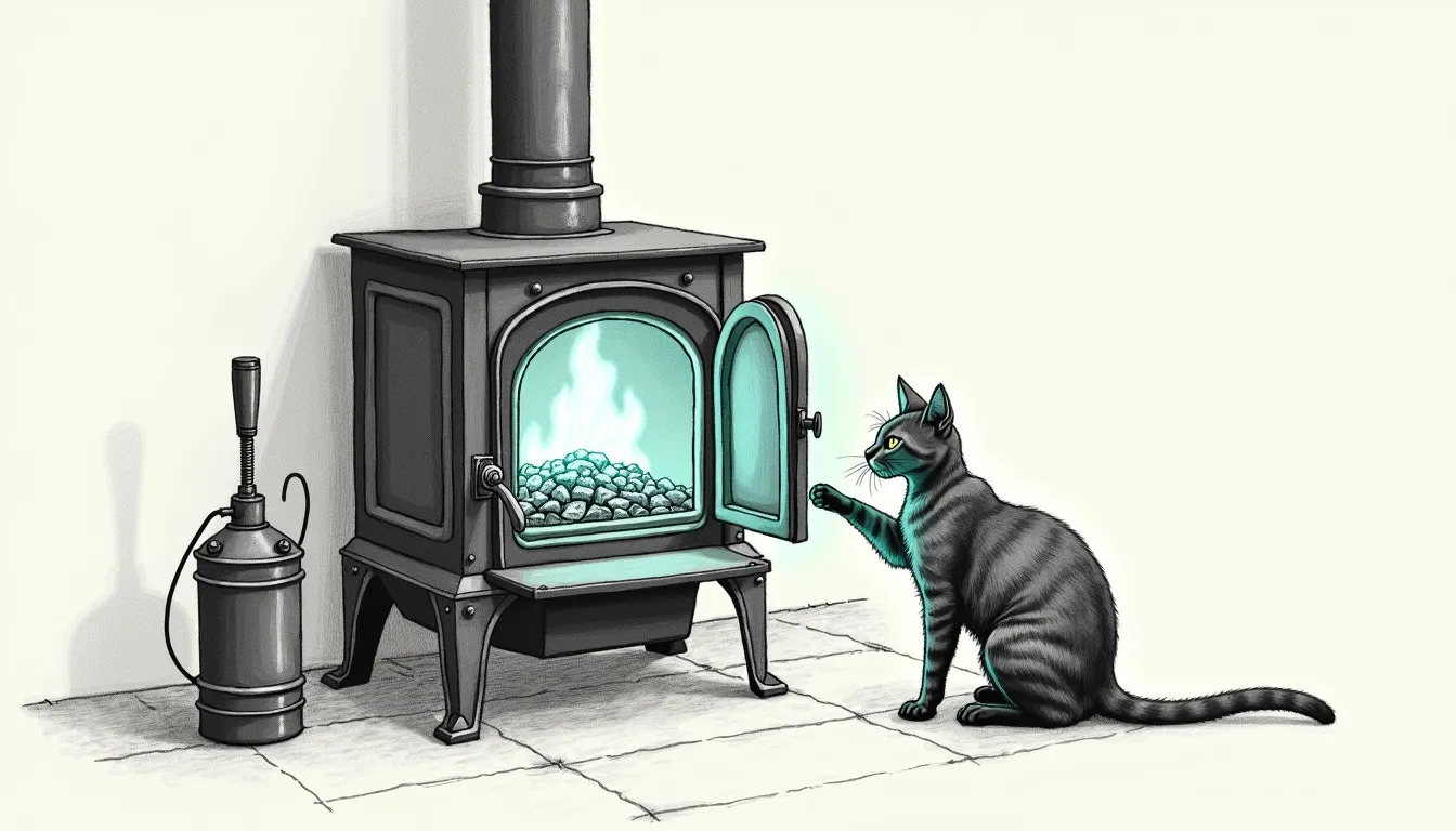 A pencil-sketched wood stove with its door swung open, a bellows standing unused beside it, and Tommy reaching a paw toward the opening — the warmth inside is nobody's doing, and the bellows never moved.