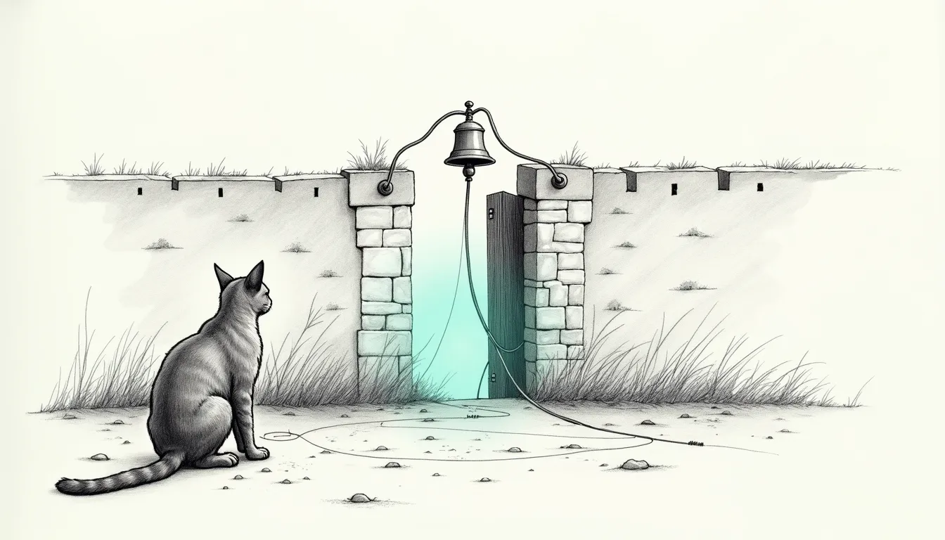 A pencil-sketched stone wall with a small gate set into it. The gate hangs slightly ajar and a teal glow spills through the gap at its base; a brass bell wired down to the threshold is caught mid-ring, having just noticed. Tommy the Abyssinian sits in the foreground, keeping watch on the gap the way he keeps watch on everything.