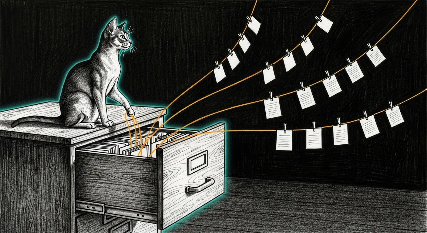 A pencil-sketched reading room where five glowing threads of amber light rise out of an open archive drawer and run off in five directions, each thread strung with small numbered cards like a washing line of evidence. Tommy the Abyssinian sits on the drawer's edge with one paw resting on the nearest thread, choosing which one to follow