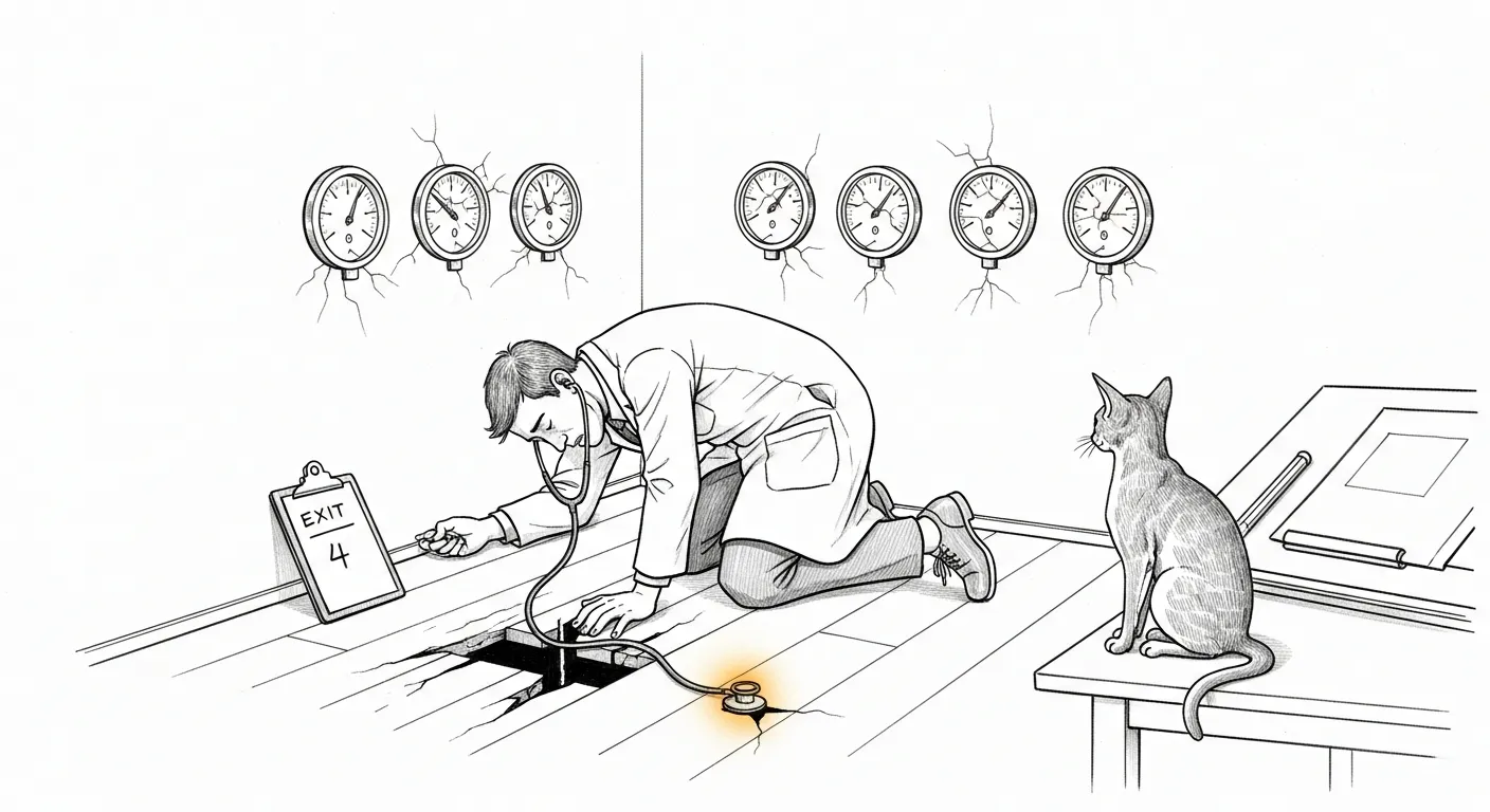 The doctor that fainted at every diagnosis — a technical pencil sketch in the Sanctum docs house style, hand-drawn black-and-white, wide 16:9. A doctor in a white coat has fainted sideways on the floor of a small haus, his stethoscope unplugged and trailing into a dark gap between the floorboards. Six cracked wall gauges behind him have their glass faces turned away, readings invisible; a clipboard by his hand reads only 'exit 4'. Tommy the Abyssinian sits on a drafting table and watches the gap in the floorboards, not the doctor; one subtle amber halo rises from the open gap.