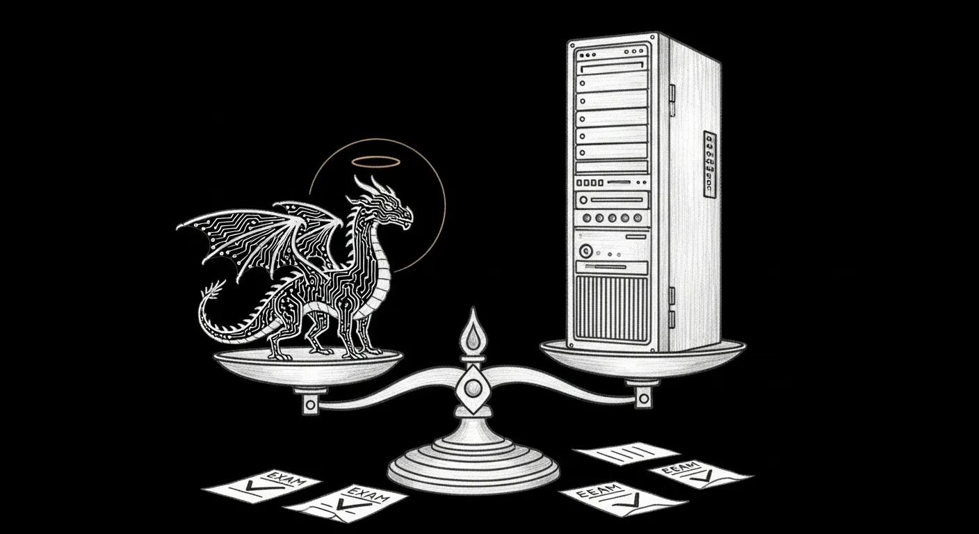 A small circuit-trace dragon with a faint amber halo stands on one pan of a balance scale, calmly outweighing a mainframe tower ten times its size; sketched exam papers with checkmarks lie below