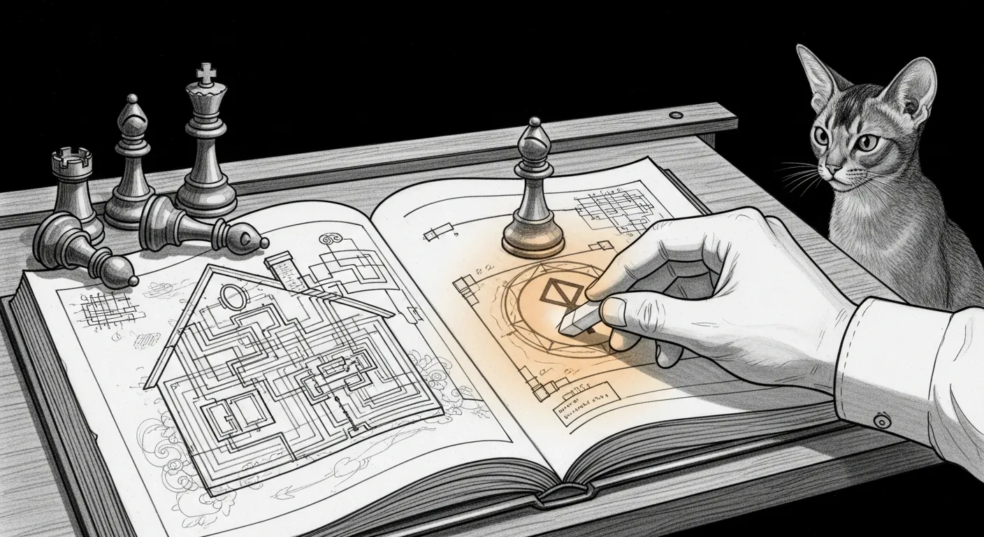 The fifth guardian — a technical pencil sketch of an open spellbook on a drafting table, its page showing a wiring diagram of a small haus with one resurrection rune still glowing faintly amber, while a draftsman's hand erases it; four dark chess pieces stand toppled at the table's edge, a fifth stands upright inside the book itself, and an Abyssinian cat observes from the corner of the table.