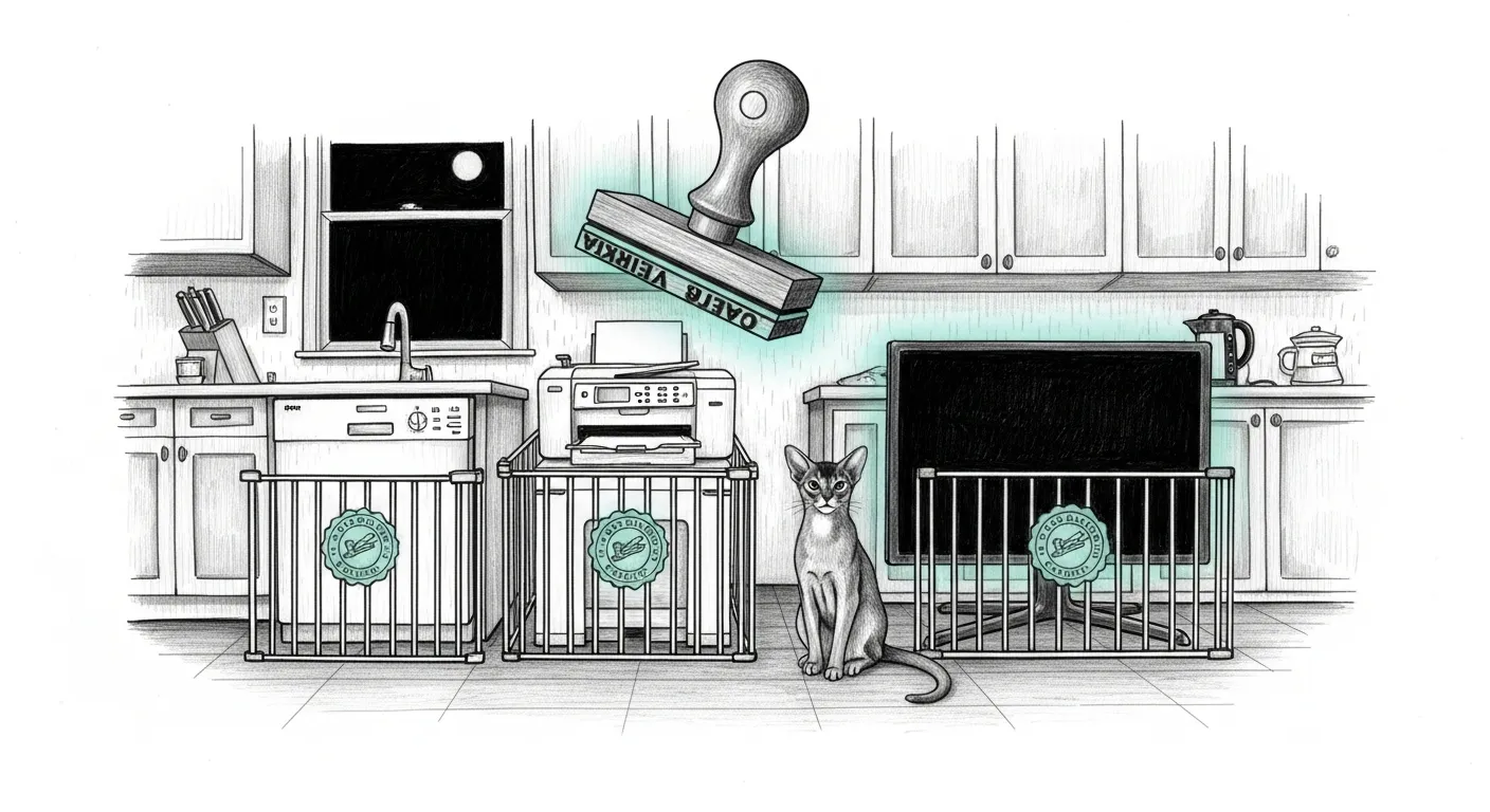 A pencil-sketched kitchen at night. A dishwasher, a printer and a television each sit behind a small iron gate, and every gate carries the same unreadable official seal glowing faintly teal. A clerk's rubber stamp hovers above them mid-press, having stamped all three identically without looking. Tommy the Abyssinian sits among the gated appliances, looking up at the stamp, unimpressed.