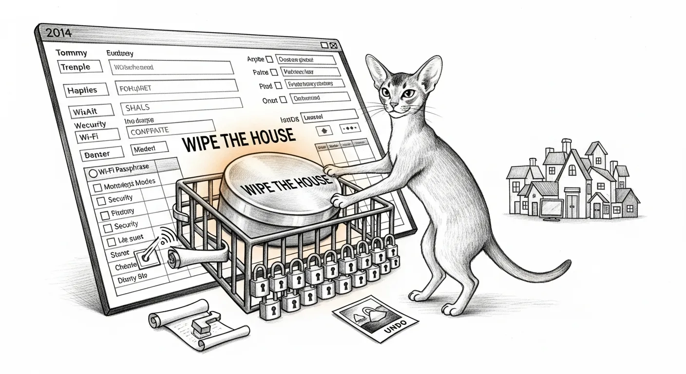 Tommy pins the one button that could wipe the whole house — twenty-one locks and a single unimpressed paw.