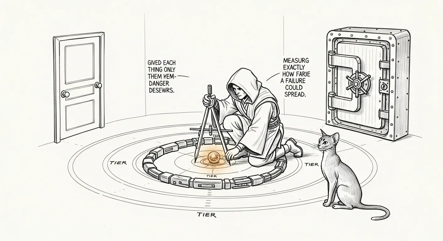 A careful Jedi inscribes a containment circle to measure a change's blast radius before touching it — armor in proportion to how far it could fall. Tommy supervises.