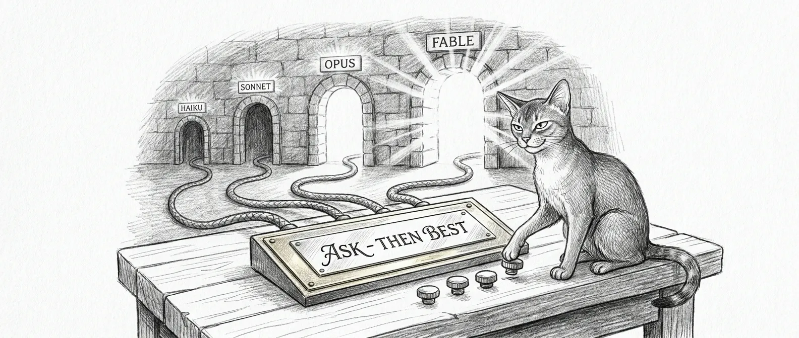 Four knobs unscrewed and set aside on a cellar workbench, replaced by a single engraved brass plate reading ASK — THEN BEST; behind it four cables run to doorways labelled HAIKU, SONNET, OPUS and FABLE, each lit to a different brightness, while Tommy the Abyssinian rests one paw on the discarded knobs and looks thoroughly satisfied with the subtraction.