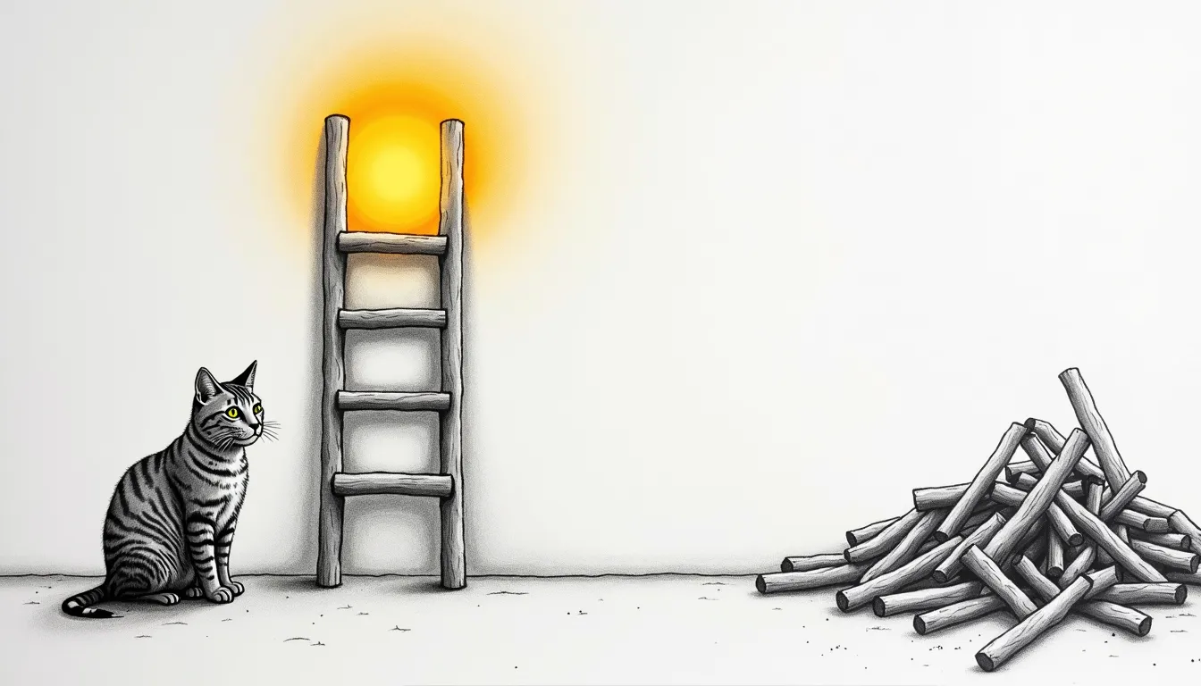 The ladder with one paid rung — a technical pencil sketch in the Sanctum docs house style, hand-drawn black-and-white, wide 16:9. A tall ladder descends through a haus floor hatch into shadow with only three rungs: a broad flat top rung, a single middle rung stamped with one small meter dial, and a solid bottom rung on the cellar floor. A heap of a dozen mismatched, broken extra rungs lies swept into the corner. An Abyssinian cat perched at the top watches the one metered rung, not the drop; a single amber halo rests on that middle rung.