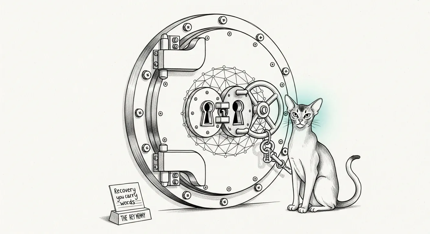A vault door etched with a crypto lattice and a fused classical-plus-quantum lock, guarding thirty years of data behind a key that lives only in someone's head — the way the haus's guardian spirit keeps what matters.