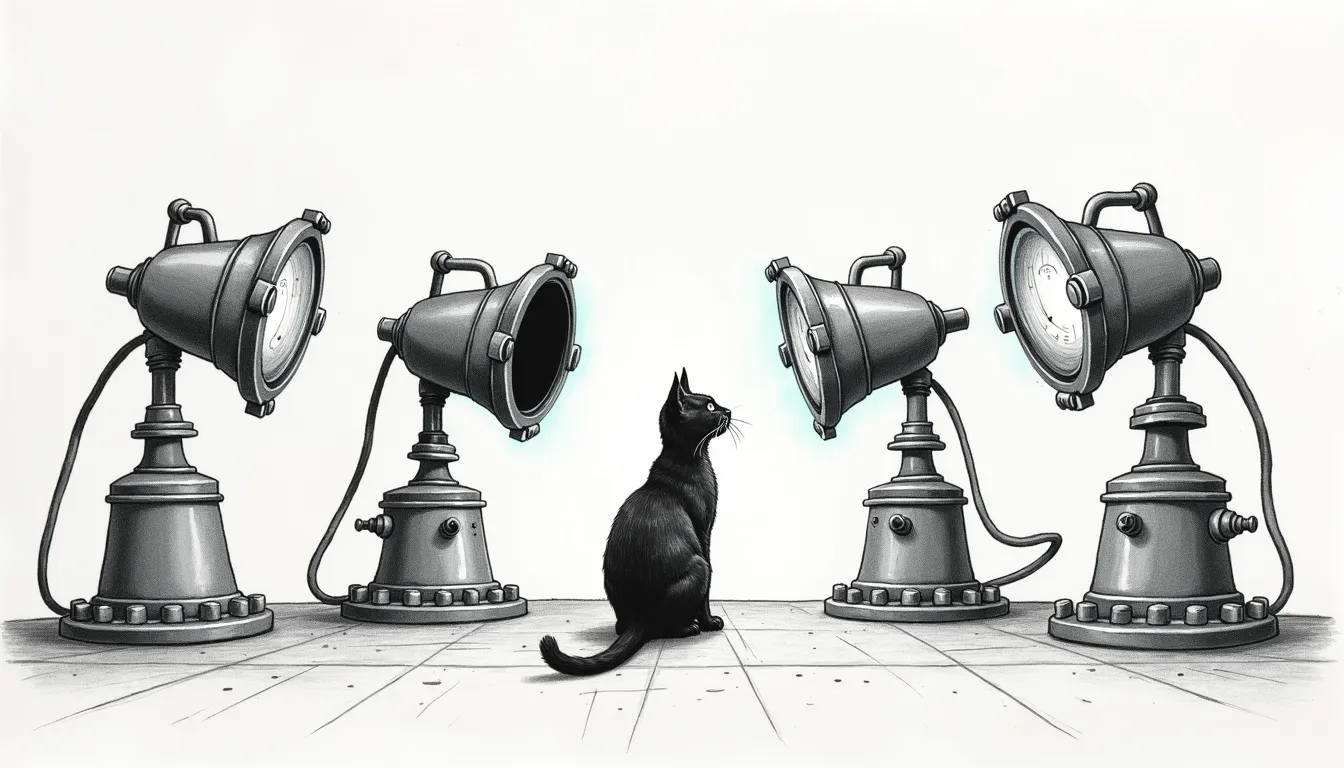 A pencil-sketched row of four brass inspection lanterns on heavy bases, each aimed outward at machinery beyond the frame. One lantern is dark and empty where the others show lit gauges, and because none of them points at another, nothing illuminates the failed one. Tommy the Abyssinian sits between them, looking up at the dark lantern — the only one that has noticed.