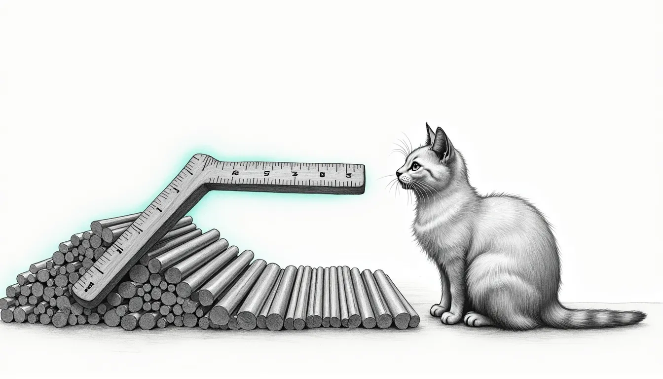 A pencil-sketched wooden ruler bent sharply out of true, its markings running crooked across the kink, teal light tracing the bend. Beneath it lie dozens of identical straight metal rods, all rejected. Tommy, the haus's Abyssinian force-ghost, sits studying the ruler itself rather than the rods.