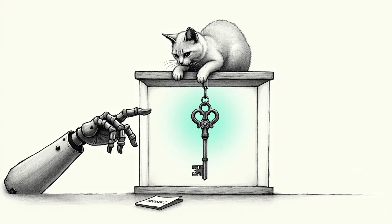 A pencil-sketched glass display case holding a single ornate key, lit by a teal halo. A mechanical hand reaches in from the left and stops flat against the glass, able to see the key but not reach it. A small handwritten note lies at the base of the case, and an Abyssinian cat lounges on top looking down, unimpressed.