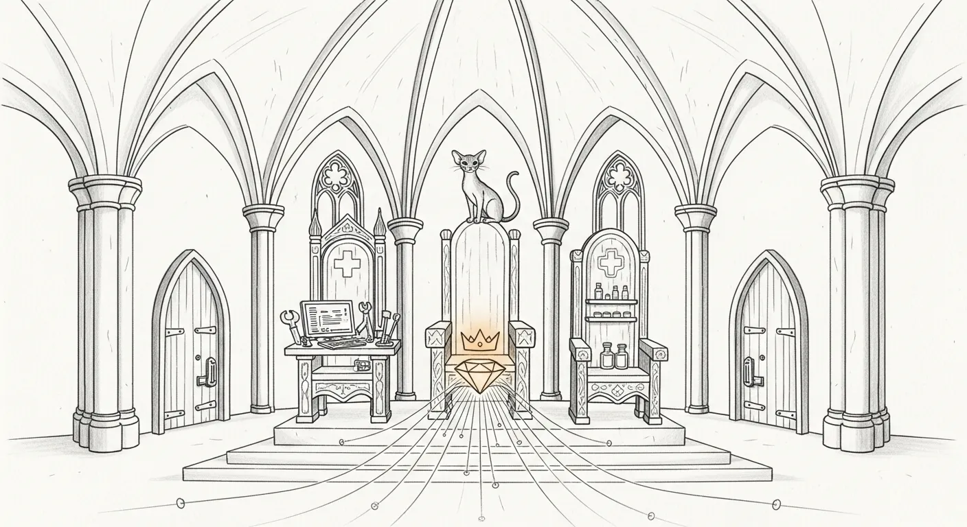 Three thrones, three doors, one resident crown jewel feeding them all — a code seat, a healer's seat, and the council, sketched under a single amber halo.
