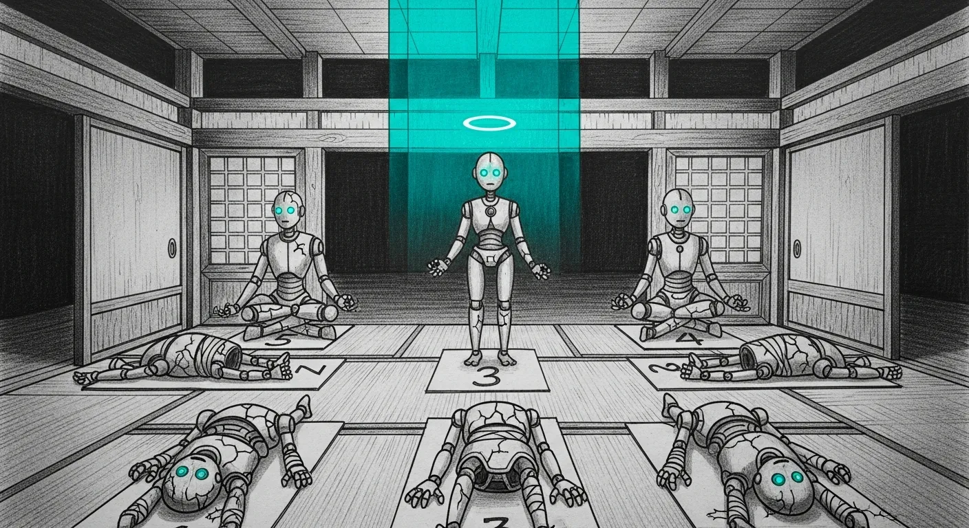 Training Lessons — the dojo where five robotic apprentices sit for their final exam; three lie cracked and bandaged, two meditate with eyes lit teal.