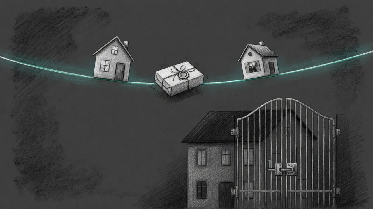 Two small houses linked by a glowing thread, a sealed parcel on the thread, and a shut gate in front of the larger house