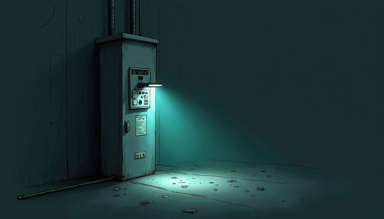 A pencil-sketched parent in lamplight at 22:05, phone in hand, studying one red device card among calm confirmed ones, while the network box blinks patiently on the shelf behind