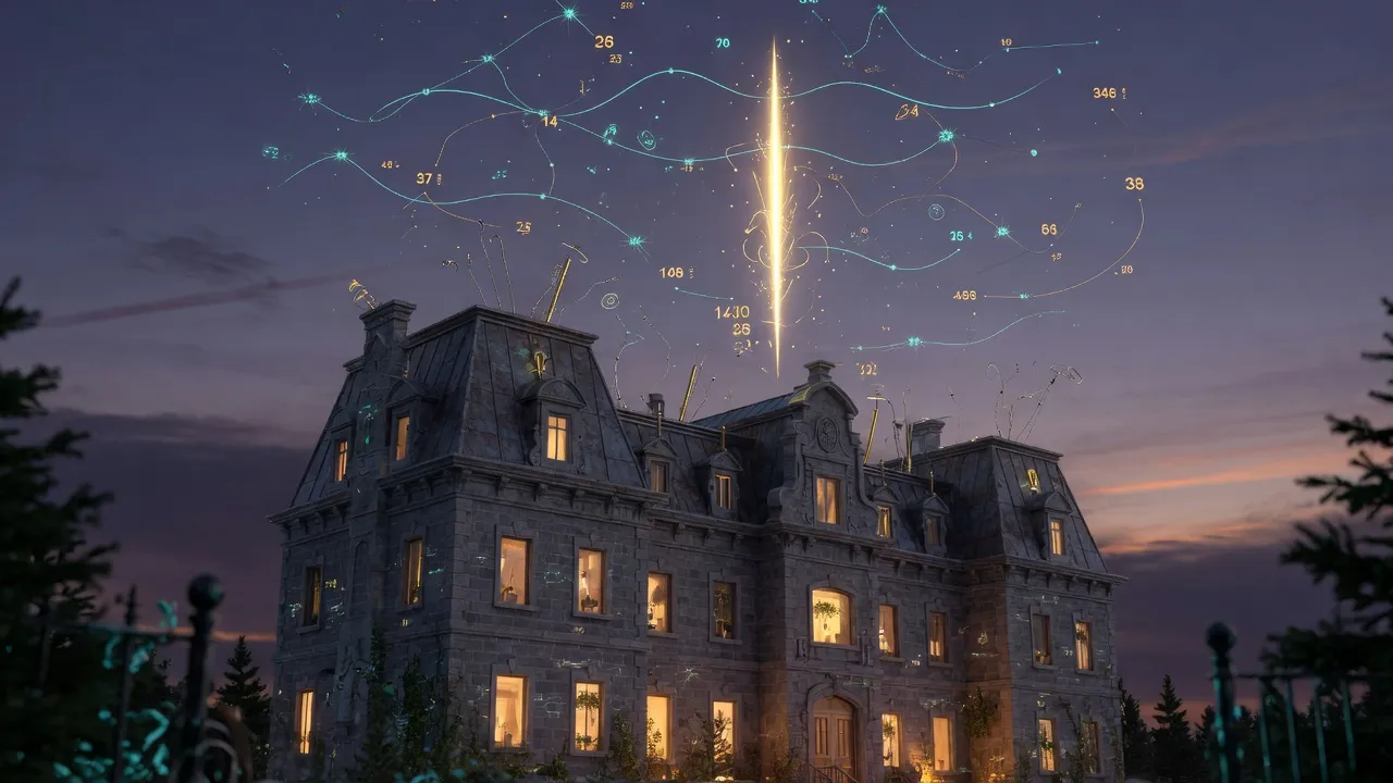 A Quebec manor at dusk with a constellation of teal sensor readings above the roof and one gold spike in an otherwise calm field.