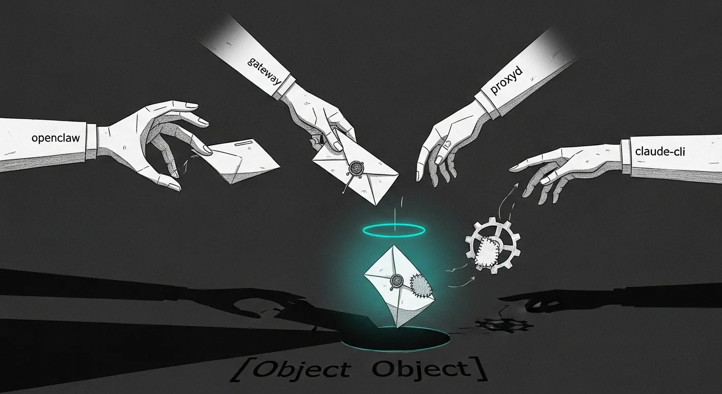Yoda warmth — a four-handed lighthouse keeper passing a wax-sealed letter between openclaw, gateway, proxyd, and the Claude CLI; the third hand drops it into a shadow labelled object-Object until a teal halo gear catches it back and delivers it whole.