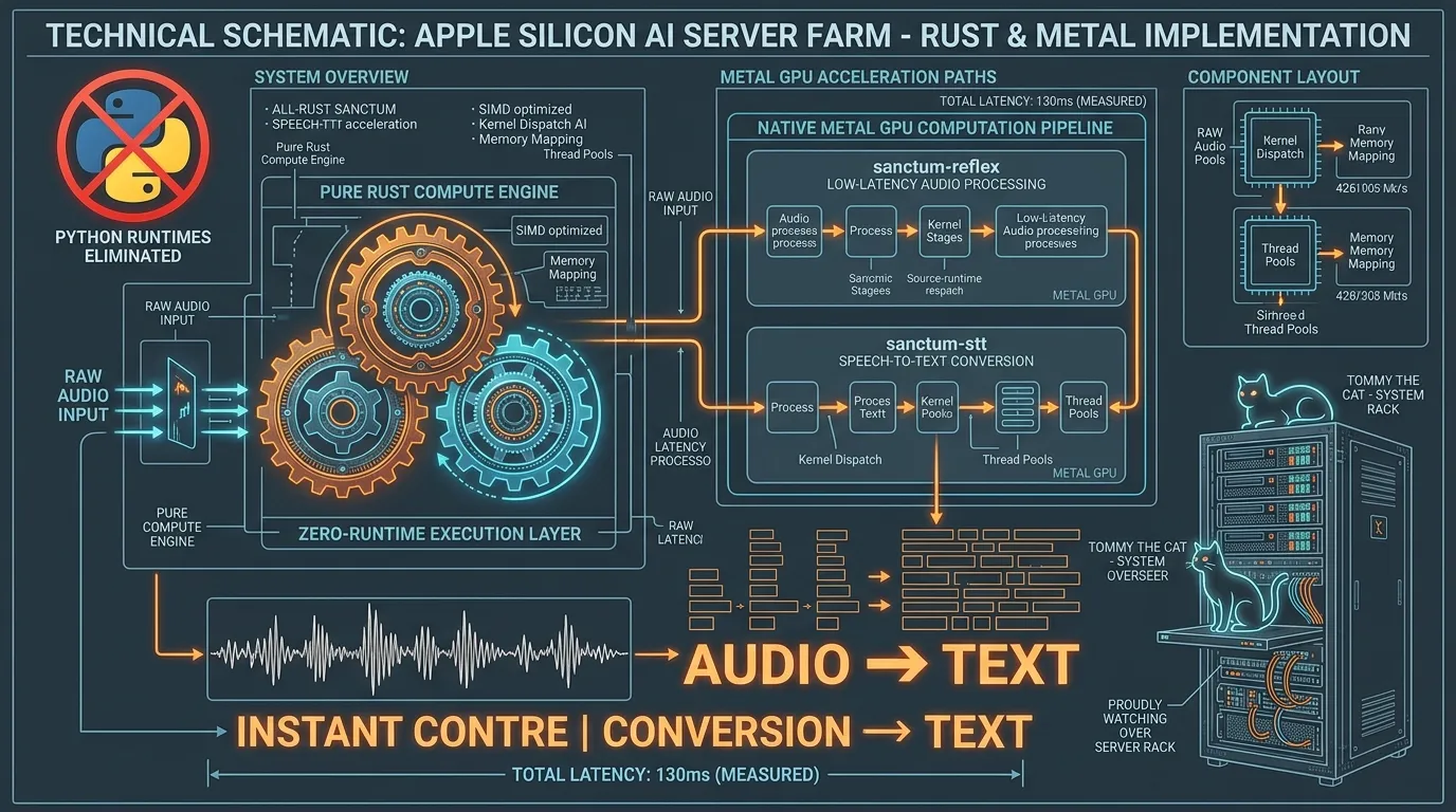 Technical architectural blueprint and engineering schematic on a dark slate background showing the total elimination of Python runtimes from an Apple Silicon AI server farm, replaced with sleek glowing pure Rust gears, native Metal GPU computation pipelines labeled sanctum-reflex and sanctum-stt, audio waveforms converting instantly into text with 130ms latency, zero python logos, Tommy the cat proudly watching over the server rack