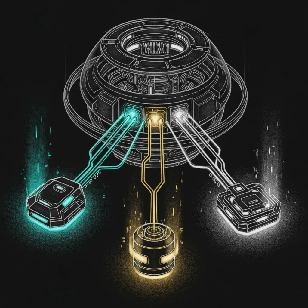 The Smart Router — requests flow through a central dispatch node to three specialized backends: Council (teal), Coder (amber), Cloud (white).
