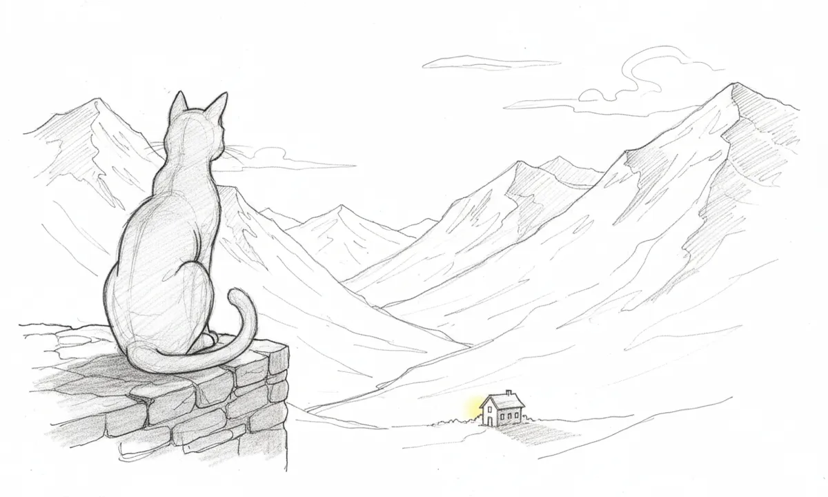 A small lit lantern on a wooden desk beside a closed Mac Mini — pencil sketch with a teal halo around the lantern