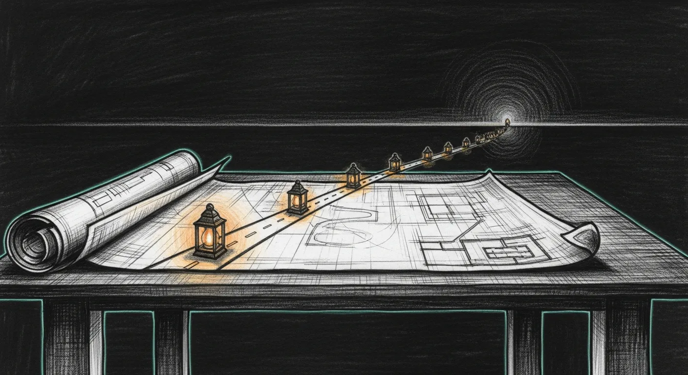 A drafting table at dusk with Tommy keeping watch — shipped features inked, Phase 2 still in deliberate pencil