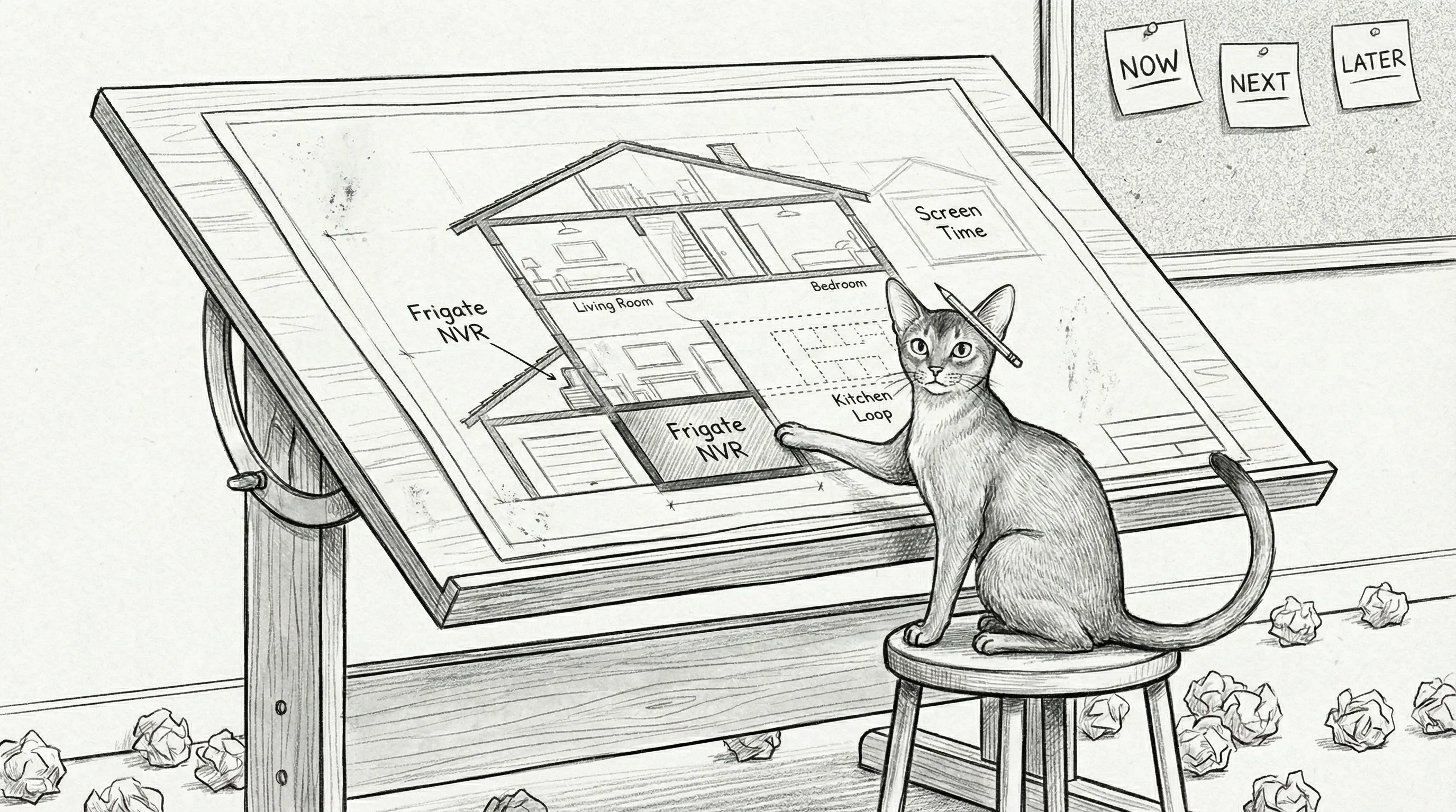 Tommy at the drafting table — shipped features in ink, Phase 2 in deliberate pencil