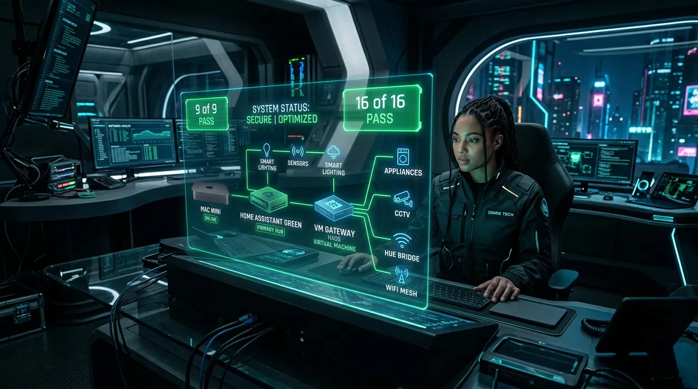 Futuristic control room holographic dashboard showing 9 of 9 PASS and 16 of 16 PASS green indicators across Mac Mini, Home Assistant Green, and VM gateway