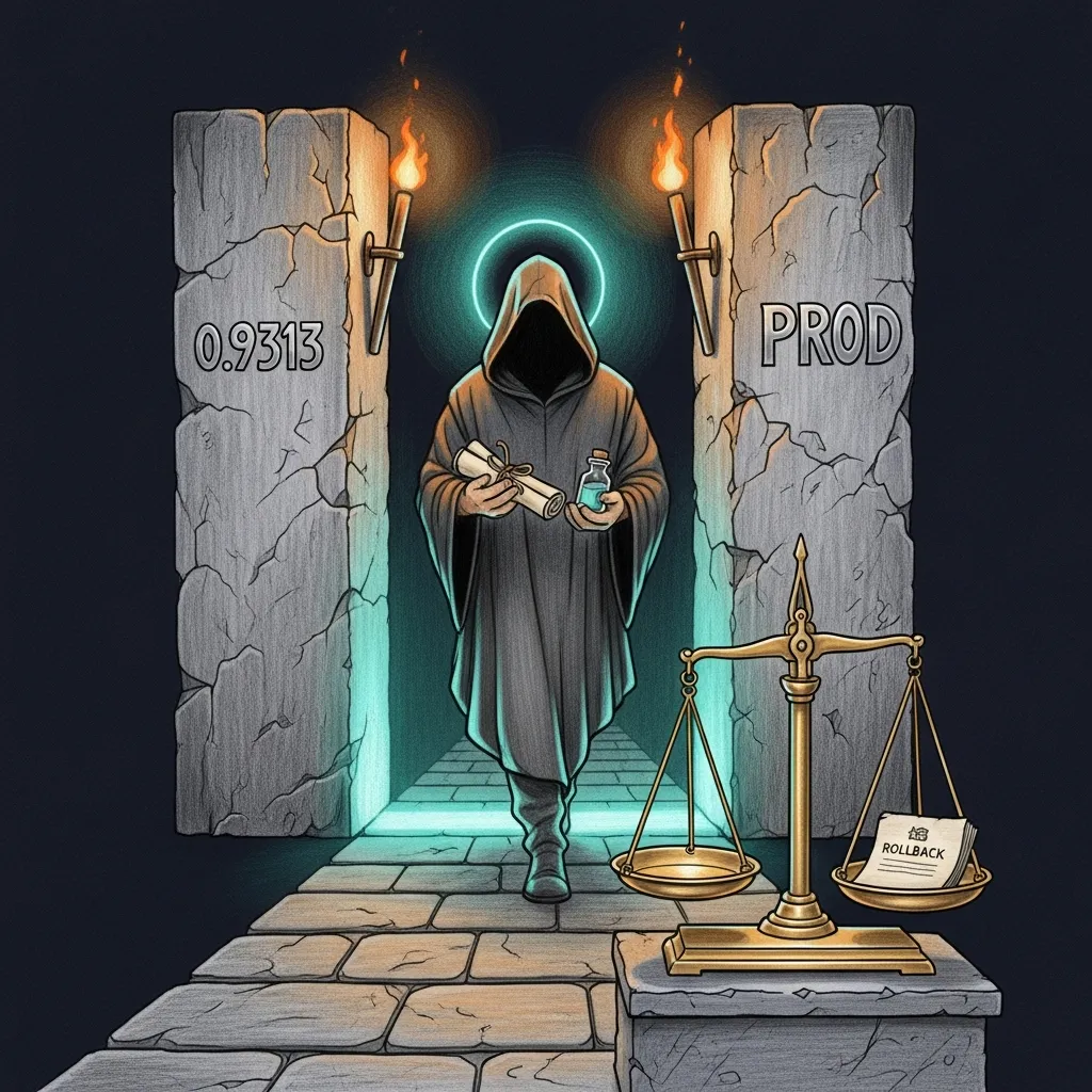 A pencil-sketch tableau on a dark navy ground: a small bundled scroll-and-vial in the hands of a hooded courier walking a torchlit path between two stone pillars; the lead pillar carries the silver numeral 0.9313, the trailing pillar carries the word PROD; a teal halo lights the threshold the courier is about to cross, and beside the path a brass weighing-scale sits balanced — one tray empty, one tray with a small folded ledger labeled ROLLBACK. The composition feels like a vow being kept.