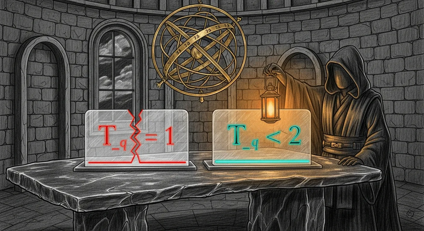 A pencil-sketch interior of a stone observatory on a dark slate background. At its centre, a long obsidian table holds two glass slates side by side. The left slate is engraved 'T_q = 1' with a fractured red line splitting one rune from the next; the right slate is engraved 'T_q ≥ 2' with a clean continuous teal line. Above the table, a brass armillary sphere maps forty-eight nested rings, each labelled with a layer number. In the foreground, a robed Jedi silhouette holds an amber lantern over the right slate
