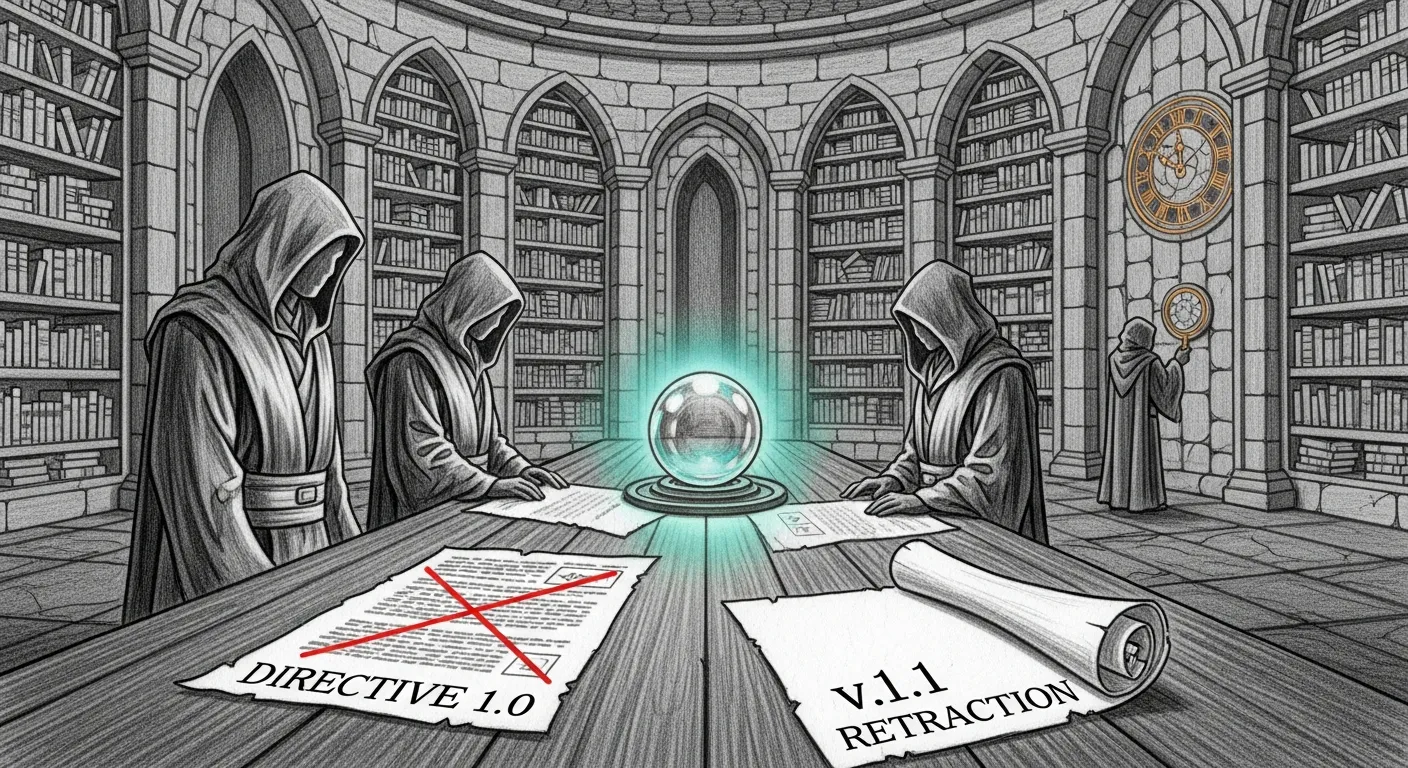 A pencil-sketch interior of a stone library on a dark slate background. Three robed Jedi silhouettes are gathered around a long table. On the table sits an open parchment labelled DIRECTIVE 1.0 with red ink corrections; a second smaller parchment beside it is labelled v1.1 RETRACTION. A teal halo glows from a glass orb at the centre of the table — the Vault. In the background, a smaller silhouette holds up a magnifying glass to a clock face