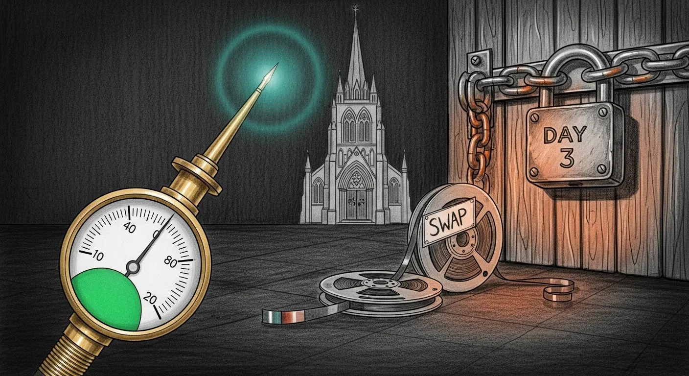 A pencil-sketch forensic tableau: a brass diagnostic probe needle pointing confidently to a healthy green dial, while behind it a magnetic-tape spool labeled SWAP has unspooled onto the floor and a chained padlock marked DAY 3 hangs from a sealed door, with a small cathedral spire standing quietly in the distance, its front door wide open and no guard in sight