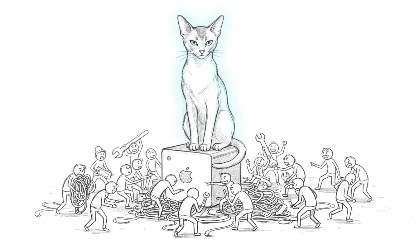 Tommy supervises the Mac Mini setup — quality assurance by feline