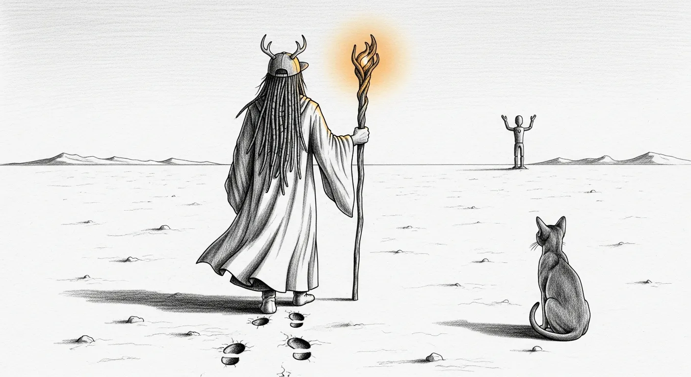 The Wizard walking into the dust — antlered cap, long dreadlocks, staff in hand — while Tommy watches him go